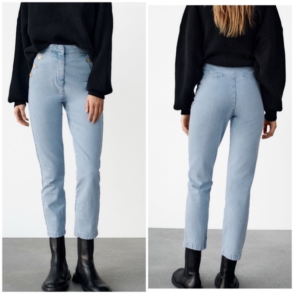 ZARA Saylor Gold button high rise straight leg light wash jeans Cotton Sz Small - Picture 1 of 10